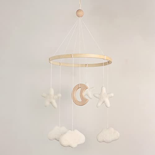 GENDER NEUTRAL CRIB MOBILE WITH FELT CLOUDS AND WOOD MOON 1