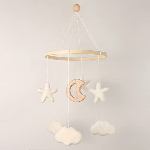 GENDER NEUTRAL CRIB MOBILE WITH FELT CLOUDS AND WOOD MOON 1