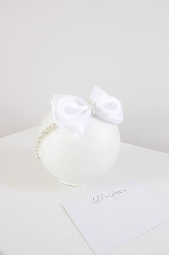 LilPinkGoose Baby Baptism Pearl Headband with Satin Bow