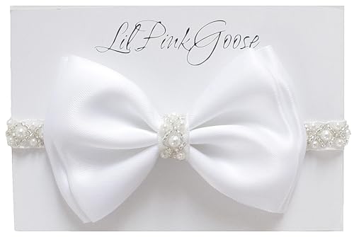 LilPinkGoose Baby Baptism Pearl Headband with Satin Bow 1
