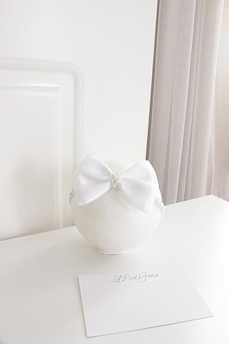 LilPinkGoose Baby Baptism Pearl Headband with Satin Bow
