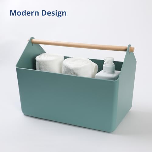 BLUE GINKGO Large Green Storage Basket with Wooden Handle