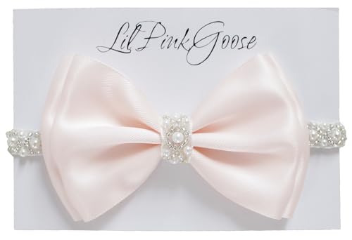 LilPinkGoose Baby Baptism Pearl Headband with Satin Bow