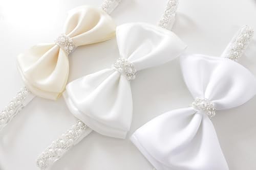 LilPinkGoose Baby Baptism Pearl Headband with Satin Bow