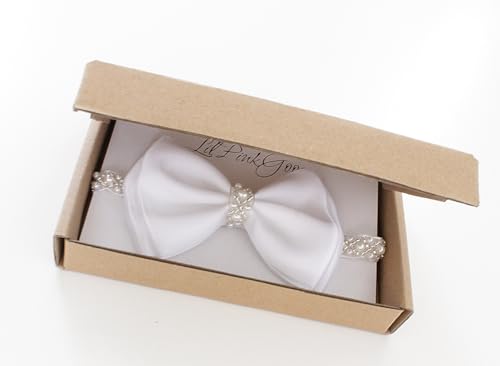 LilPinkGoose Baby Baptism Pearl Headband with Satin Bow