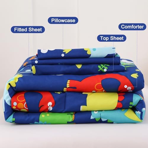 Wowelife Dinosaur Toddler Bedding Set 4 Piece Blue Bed-in-a-Bag