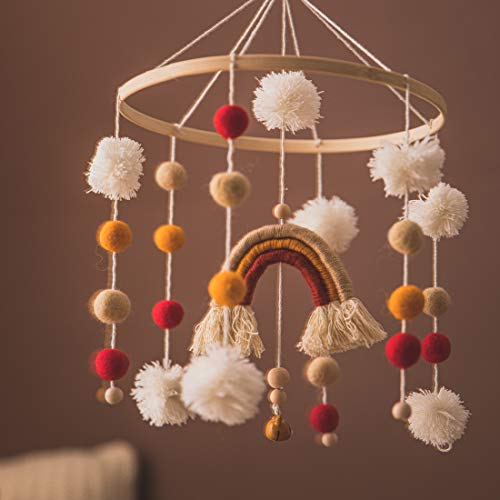 Boho Baby Crib Mobile with Cotton Balls and Bell