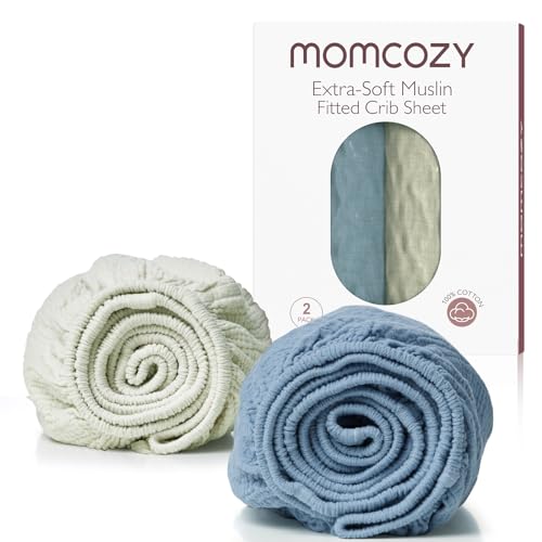 Momcozy Muslin Fitted Crib Sheets 2 Pack 38x26 Grey Blue