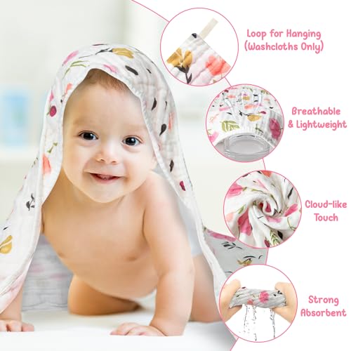 Zainpe 4Pcs Pink Flowers Muslin Towel Set