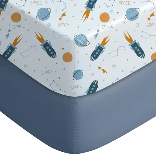 Yoofoss 2 Pack Crib Sheets - Soft Microfiber 28x52x8in Blue Rocket