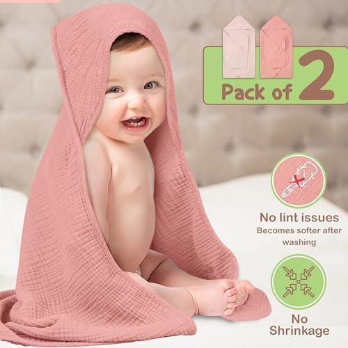 Organic Cotton Muslin Baby Hooded Towels - 2 Pack Soft Absorbent