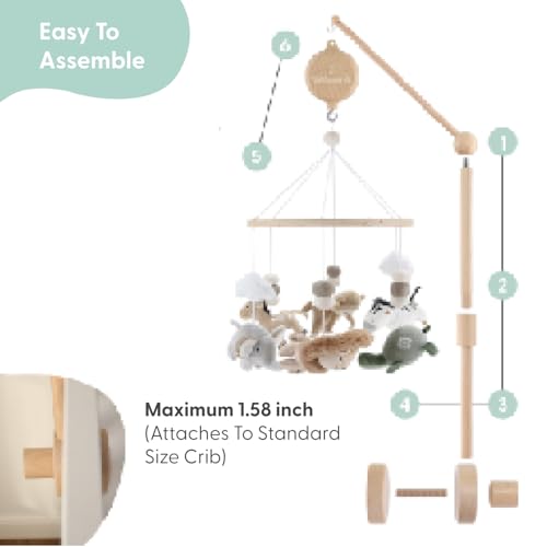 The Peanutshell Wooden Crib Mobile with 12 Lullabies and Safari Animals