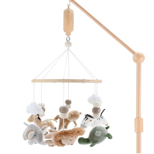 The Peanutshell Wooden Crib Mobile with 12 Lullabies and Safari Animals