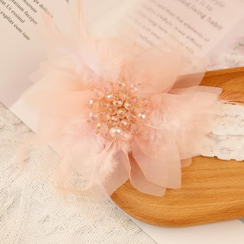 Bethynas Baby Girls Pink Flower Headband with Beads and Feathers