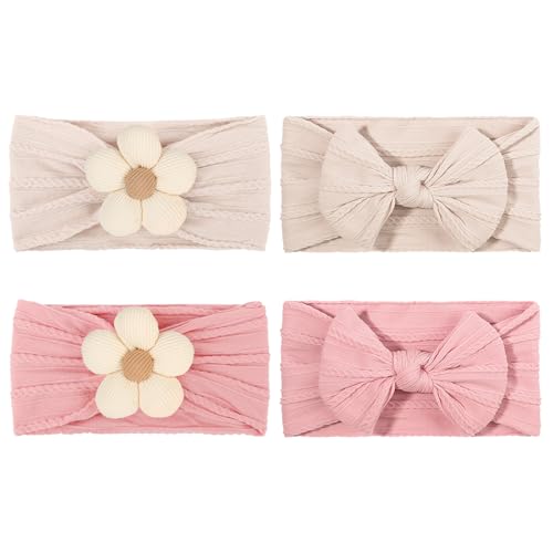4 Pcs Baby Bow Headbands with Flower Design