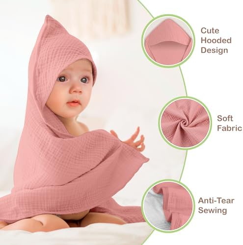 Organic Cotton Muslin Baby Hooded Towels - 2 Pack Soft Absorbent