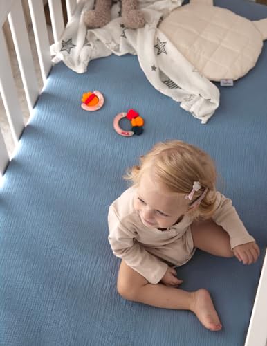 Momcozy Muslin Fitted Crib Sheets 2 Pack 38x26 Grey Blue