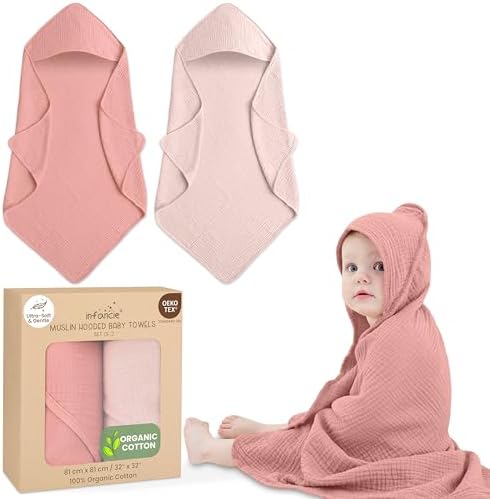 Organic Cotton Muslin Baby Hooded Towels - 2 Pack Soft Absorbent