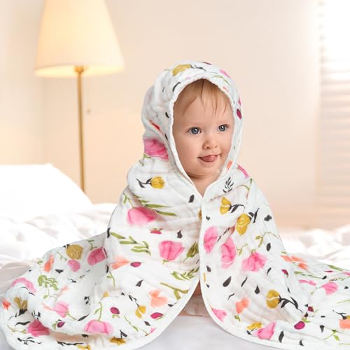 Zainpe 4Pcs Pink Flowers Muslin Towel Set