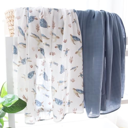 LifeTree Muslin Swaddle Blanket - Neutral with Sea Turtle Print