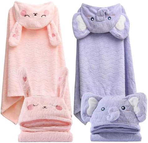 2 Pack Hooded Towels for Toddlers - Elephant Rabbit Design