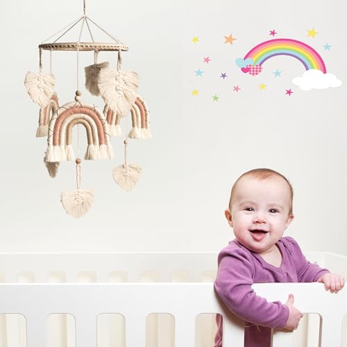 Rainbow Crib Mobile for Girls - Natural Macrame Baby Decor