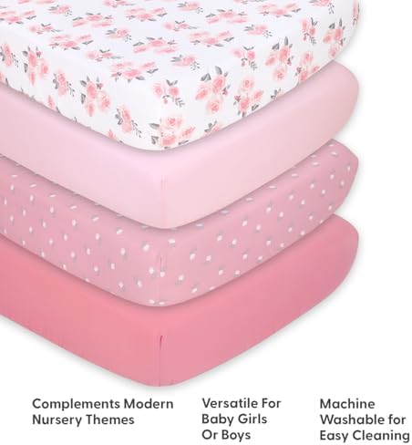 The Peanutshell 4-Pack Fitted Crib Sheets - Pink Roses and Ditsy