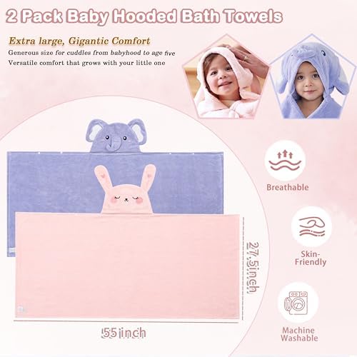 2 Pack Hooded Towels for Toddlers - Elephant Rabbit Design