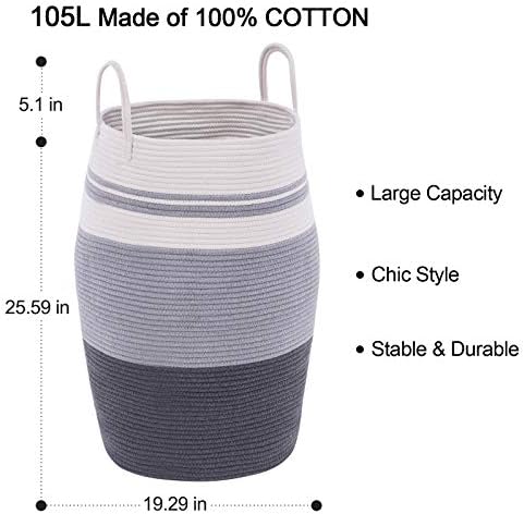 105L Extra Large Woven Laundry Hamper with Cotton Rope Handles Dark Grey