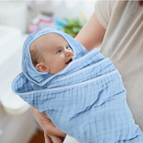 Peryiter 4 Pcs Muslin Hooded Baby Towels Blue Series 1