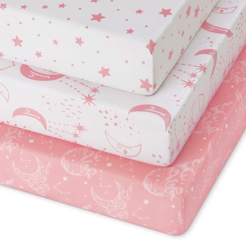 Unnivoll Pack and Play Fitted Sheets 3-Pack Soft Stretchy Pink White Moon