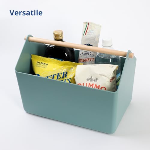 BLUE GINKGO Large Green Storage Basket with Wooden Handle