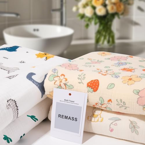 Remass 6-Layer Muslin Hooded Bath Towel for Kids Dinosaur Design