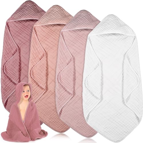 Peryiter 4 Pcs Muslin Hooded Baby Towels Light Pink