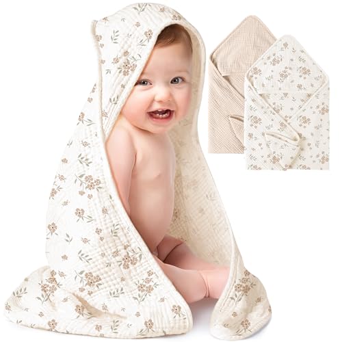 Konssy 2-Pack Hooded Muslin Baby Towels