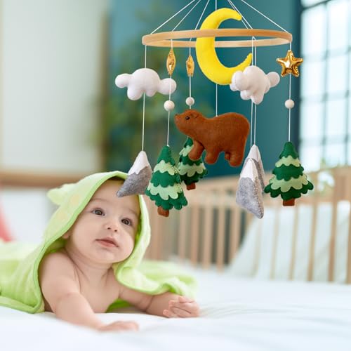 TINITIGIES Woodland Bear Crib Mobile - Natural Wood Nursery Decor
