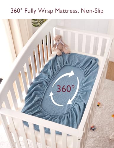 Momcozy Muslin Fitted Crib Sheets 2 Pack 38x26 Grey Blue