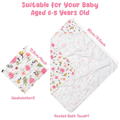Zainpe 4Pcs Pink Flowers Muslin Towel Set