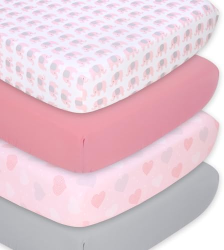 Peanutshell 4-Pack Fitted Crib Sheets - Pink Elephants Hearts Design