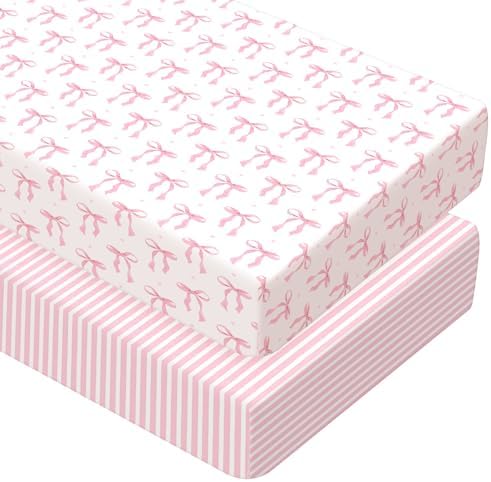 Pink Bow Crib Sheets for Girls 2 Pack Fitted