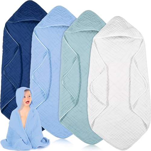 Peryiter 4 Pcs Muslin Hooded Baby Towels Blue Series 1