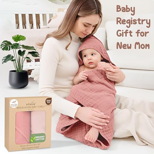 Organic Cotton Muslin Baby Hooded Towels - 2 Pack Soft Absorbent