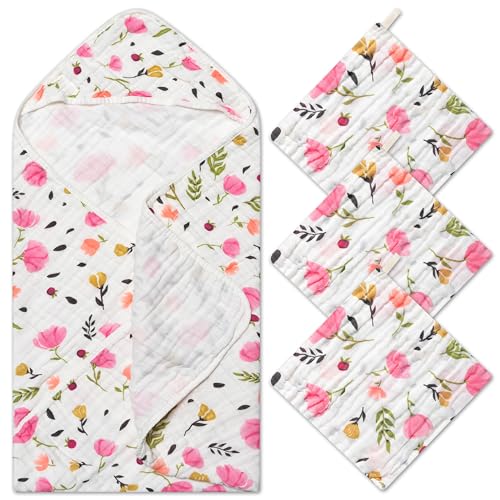 Zainpe 4Pcs Pink Flowers Muslin Towel Set