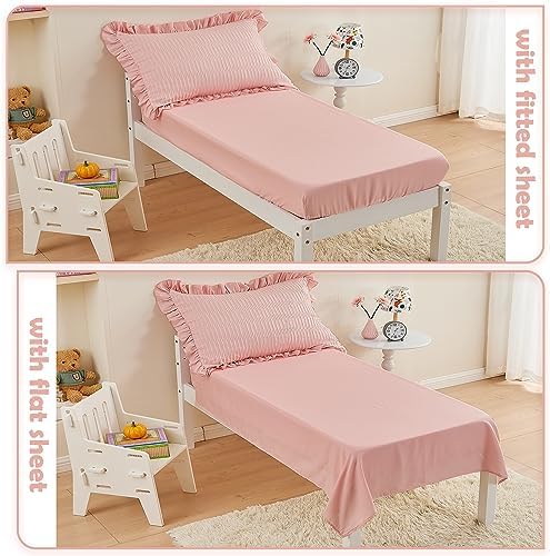 Cozyholy 4 Piece Seersucker Toddler Bedding Set with Pink Ruffles