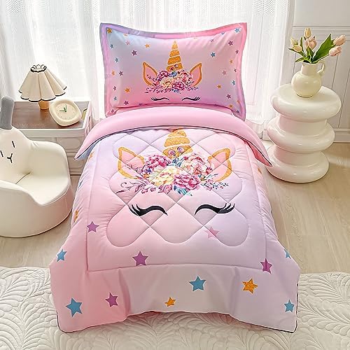 VIVILINEN Toddler Bedding Set 4 Piece Pink Unicorn Stars 1