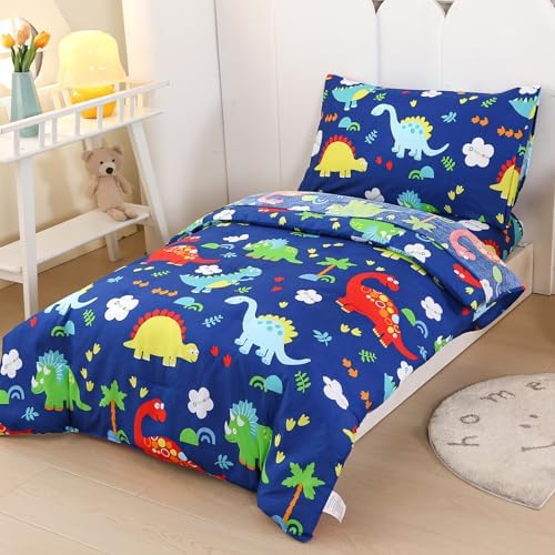 Wowelife Dinosaur Toddler Bedding Set 4 Piece Blue Bed-in-a-Bag