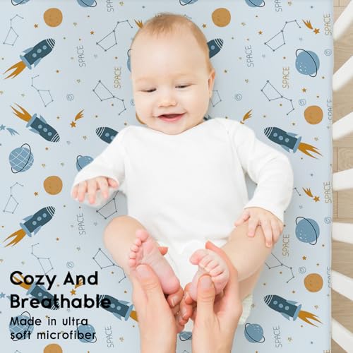 Yoofoss 2 Pack Crib Sheets - Soft Microfiber 28x52x8in Blue Rocket