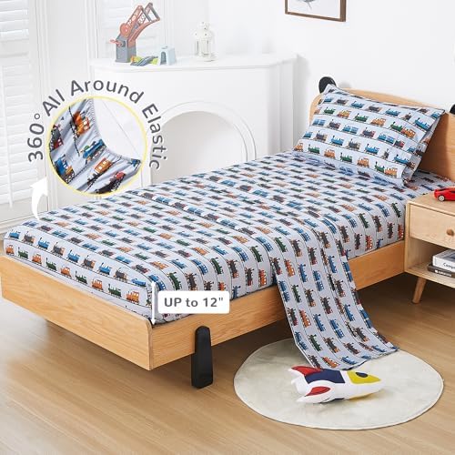 Viviland 3-Piece Twin Sheet Set for Boys with Retro Train Print