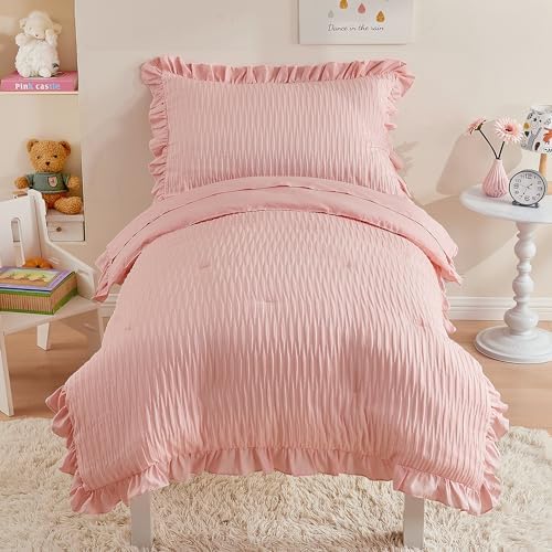 Cozyholy 4 Piece Seersucker Toddler Bedding Set with Pink Ruffles