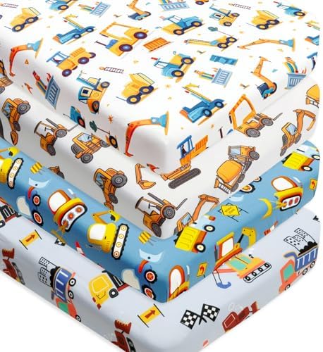 4 Pack Baby Boy Crib Sheets Set Construction Truck Dinosaur Theme